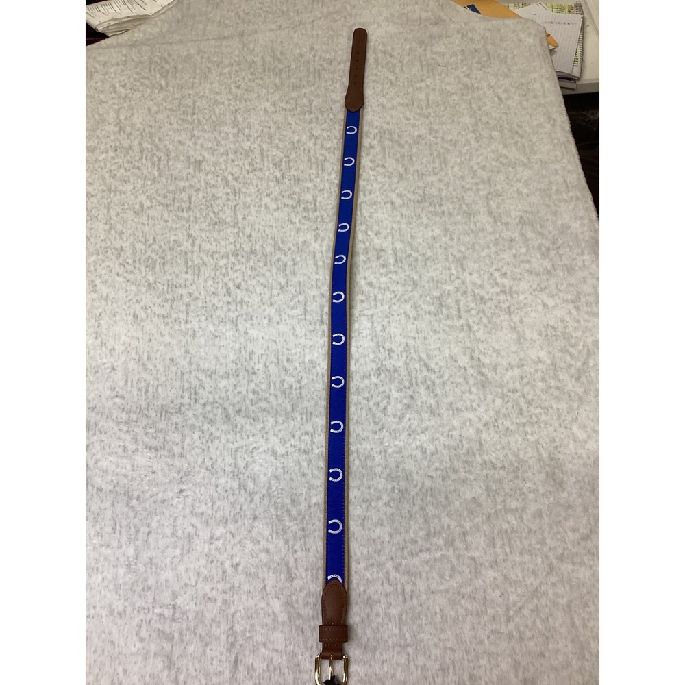 Palmetto Moon Mens Blue Horseshoe Ribbon Belt Brown Leather Trim Size 32..